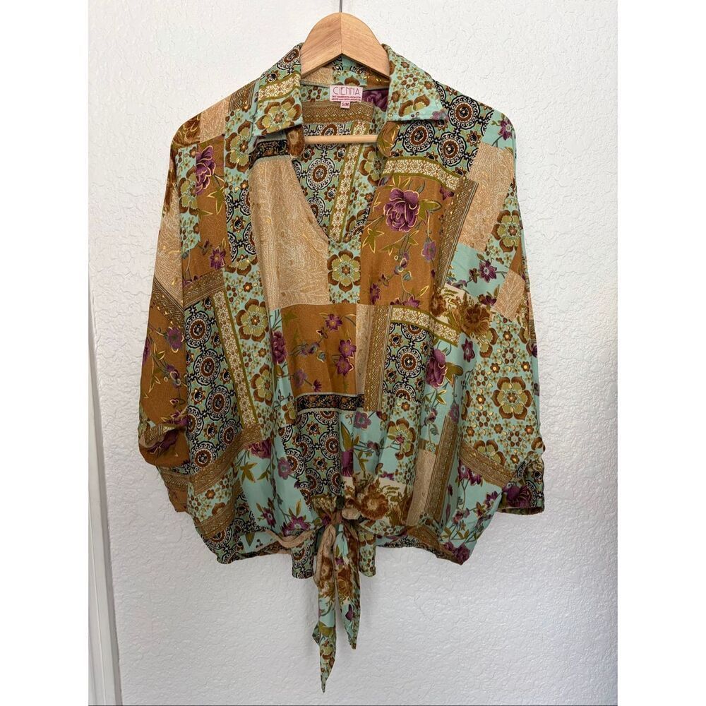 Vintage Cienna Patchwork Silk Blend Tie Front Blouse Boho Festival Top S/M - Picture 3 of 12